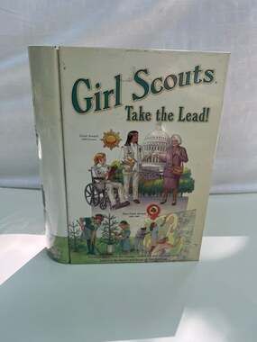 Vintage Girl Scouts Take the Lead Collectible Metal Book-Shaped Storage Tin